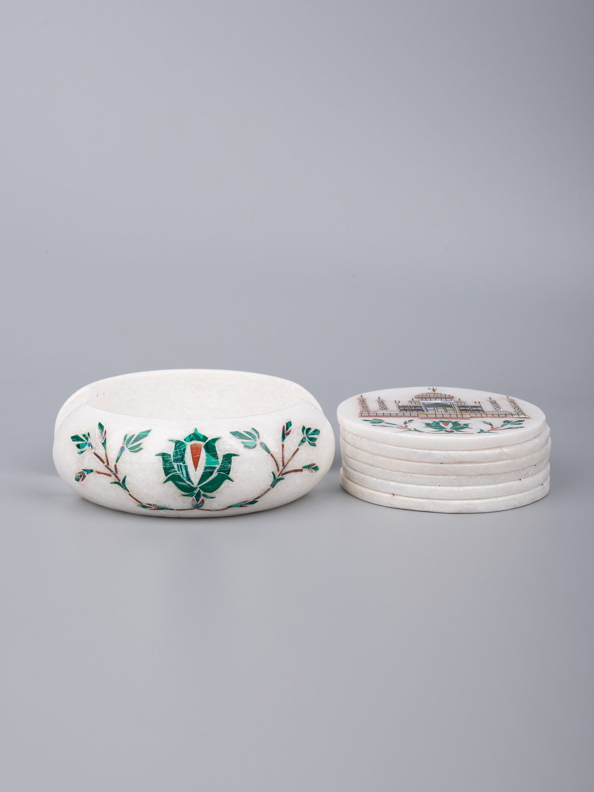 White marble 6 pieces coaster set with the iconic Taj Mahal inlay work - The Heritage Artifacts