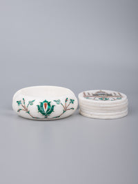 White marble 6 pieces coaster set with the iconic Taj Mahal inlay work - The Heritage Artifacts