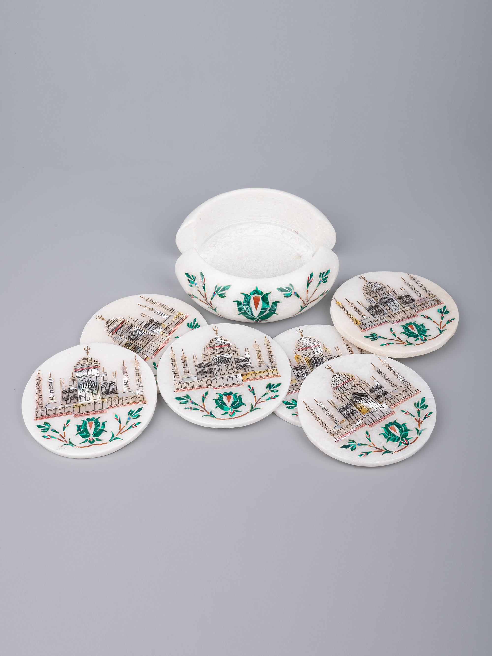 White marble 6 pieces coaster set with the iconic Taj Mahal inlay work - The Heritage Artifacts
