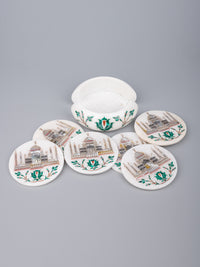White marble 6 pieces coaster set with the iconic Taj Mahal inlay work - The Heritage Artifacts