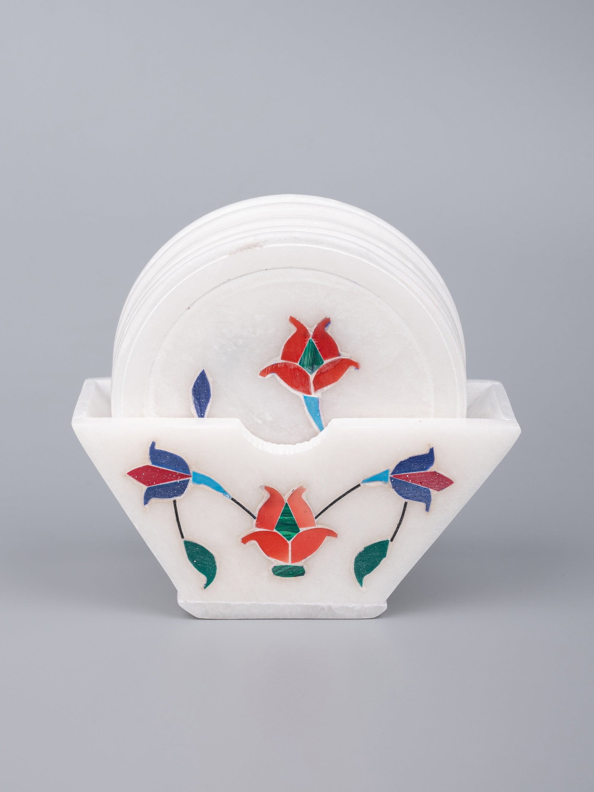 Red flower 6 pcs marble coaster set with stand - The Heritage Artifacts