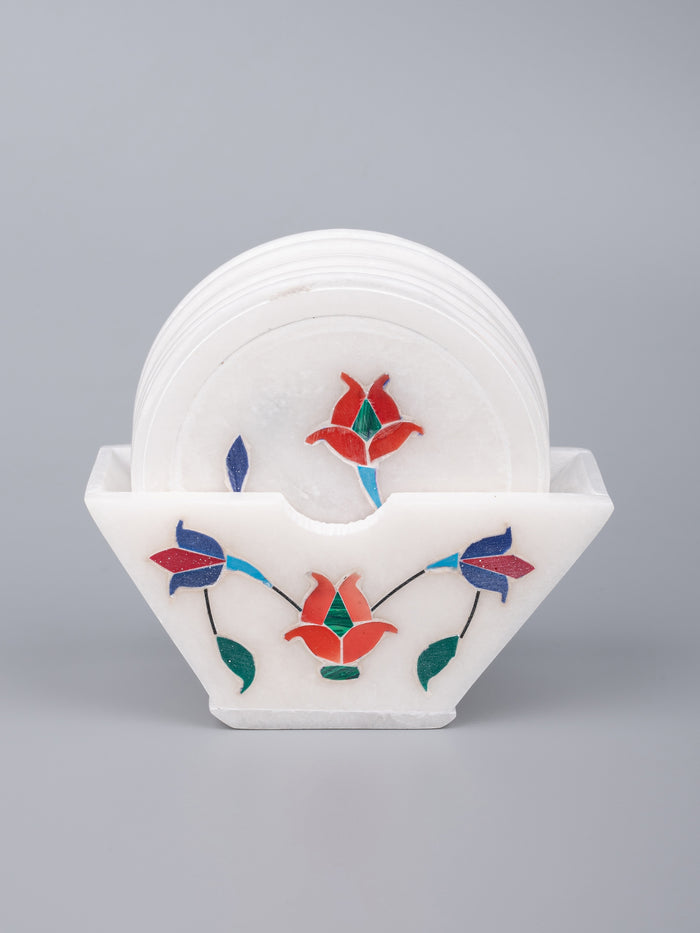 Red flower 6 pcs marble coaster set with stand - The Heritage Artifacts