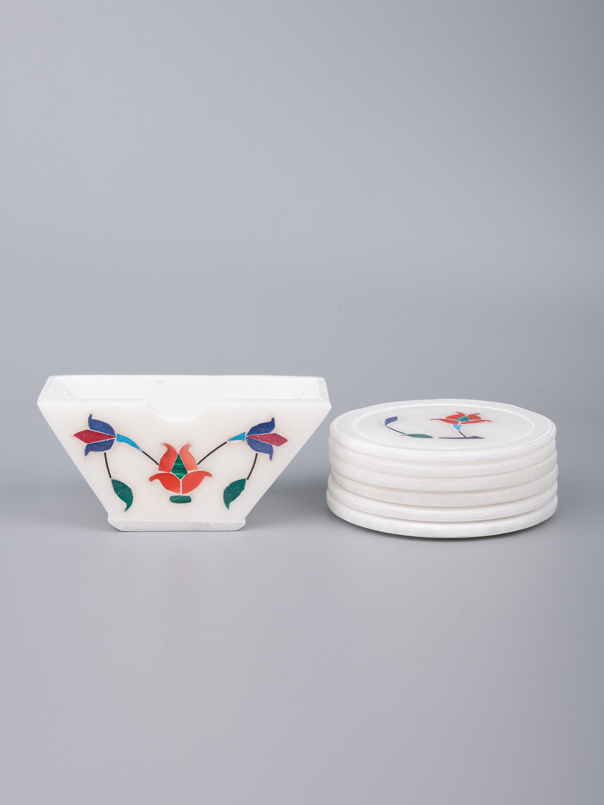 Red flower 6 pcs marble coaster set with stand - The Heritage Artifacts