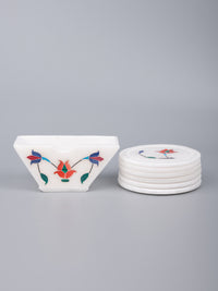 Red flower 6 pcs marble coaster set with stand - The Heritage Artifacts