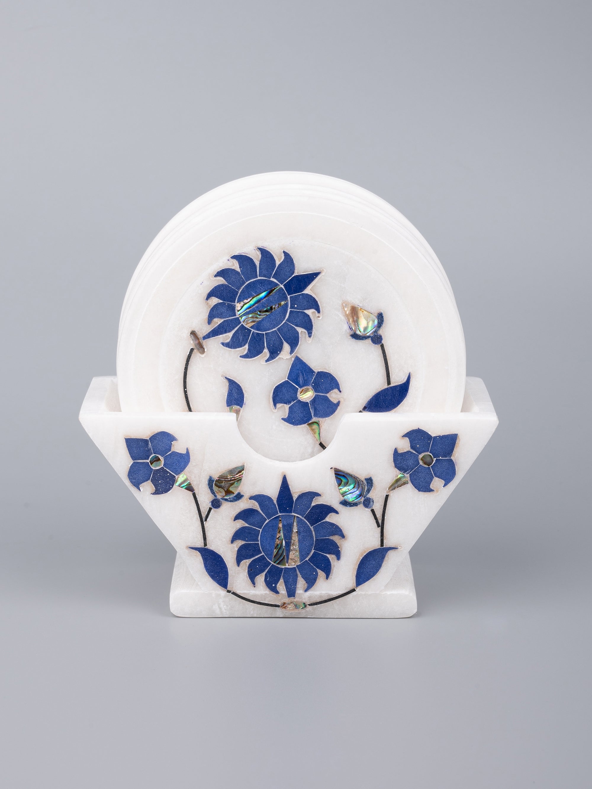 Blue flower 6 pcs marble coaster set with stand - The Heritage Artifacts