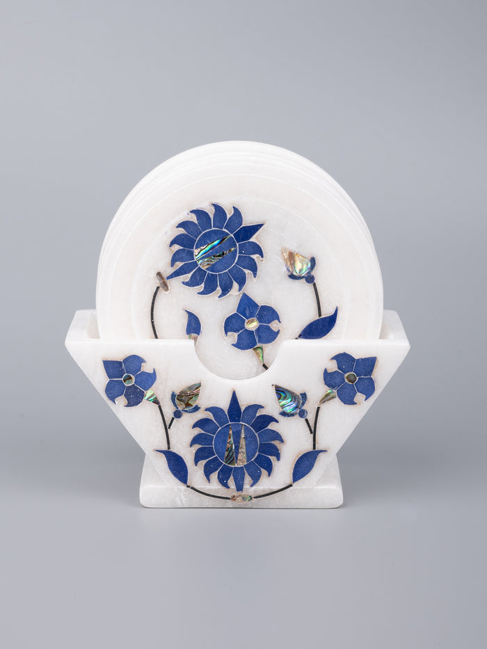 Blue flower 6 pcs marble coaster set with stand - The Heritage Artifacts