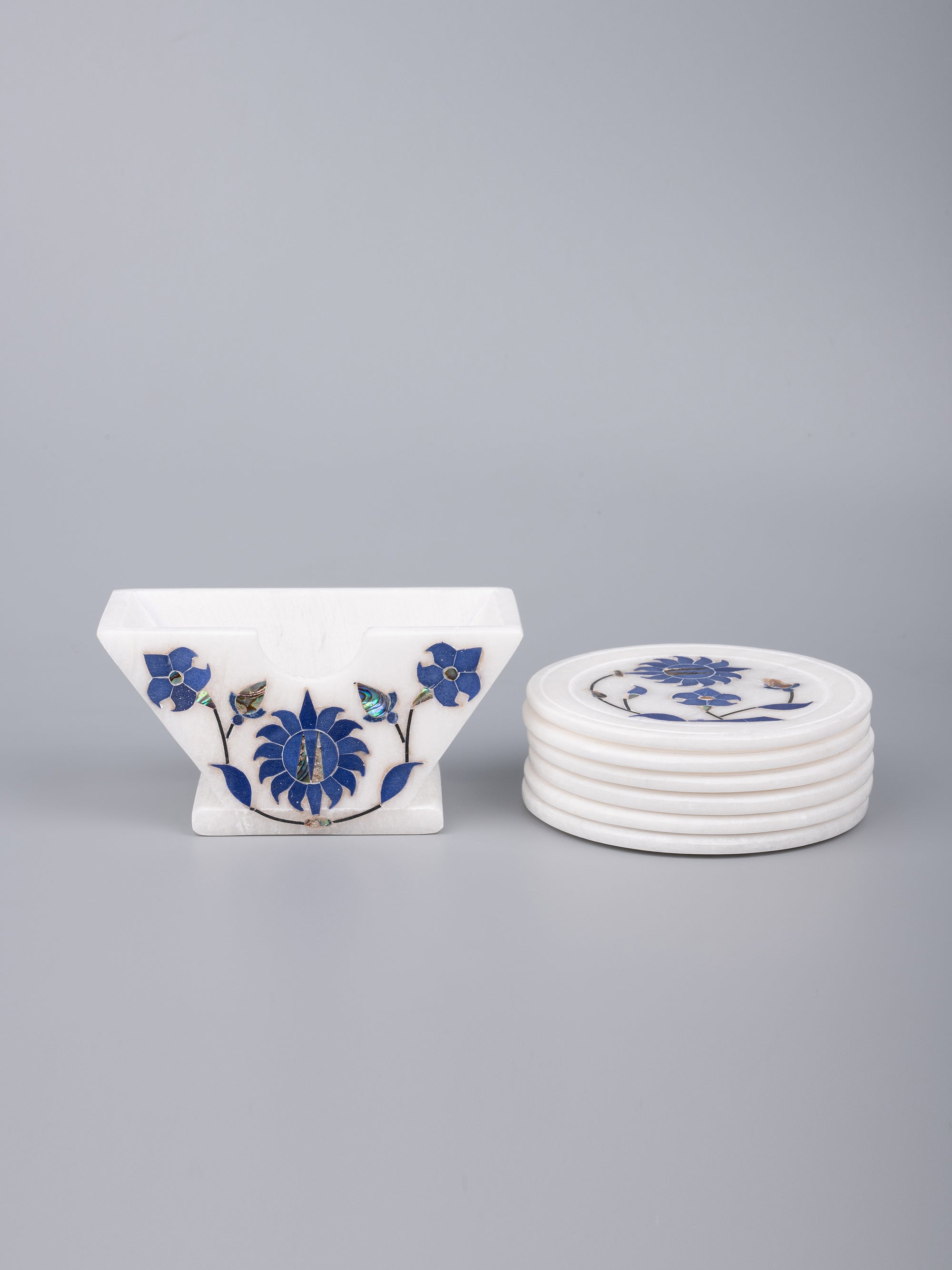 Blue flower 6 pcs marble coaster set with stand - The Heritage Artifacts