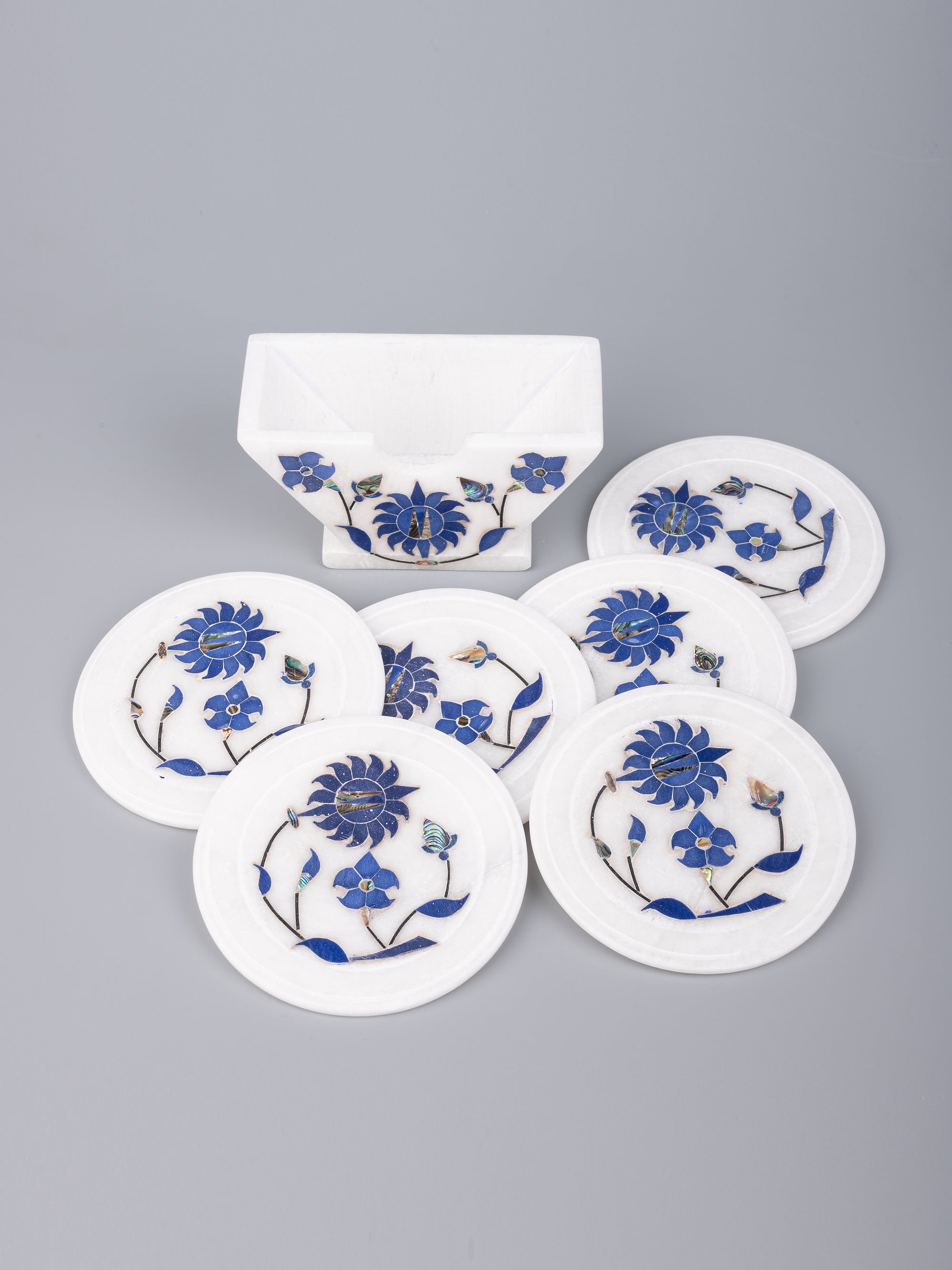 Blue flower 6 pcs marble coaster set with stand - The Heritage Artifacts