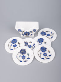 Blue flower 6 pcs marble coaster set with stand - The Heritage Artifacts