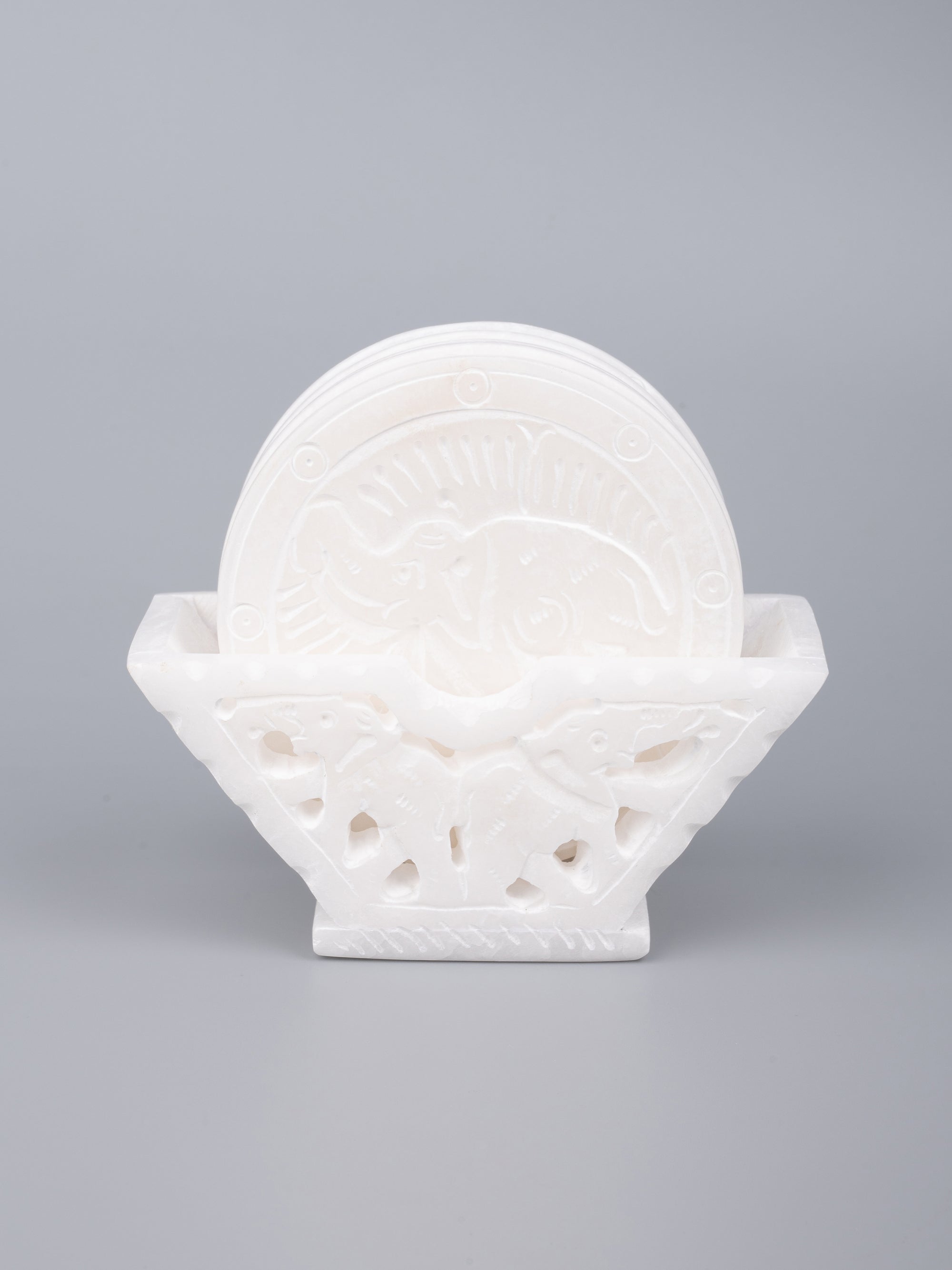 Marble hand carved set of 6 white coasters with stand in pure white color - The Heritage Artifacts