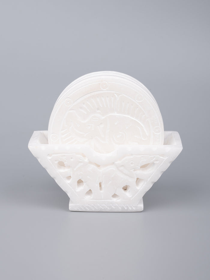 Marble hand carved set of 6 white coasters with stand in pure white color - The Heritage Artifacts