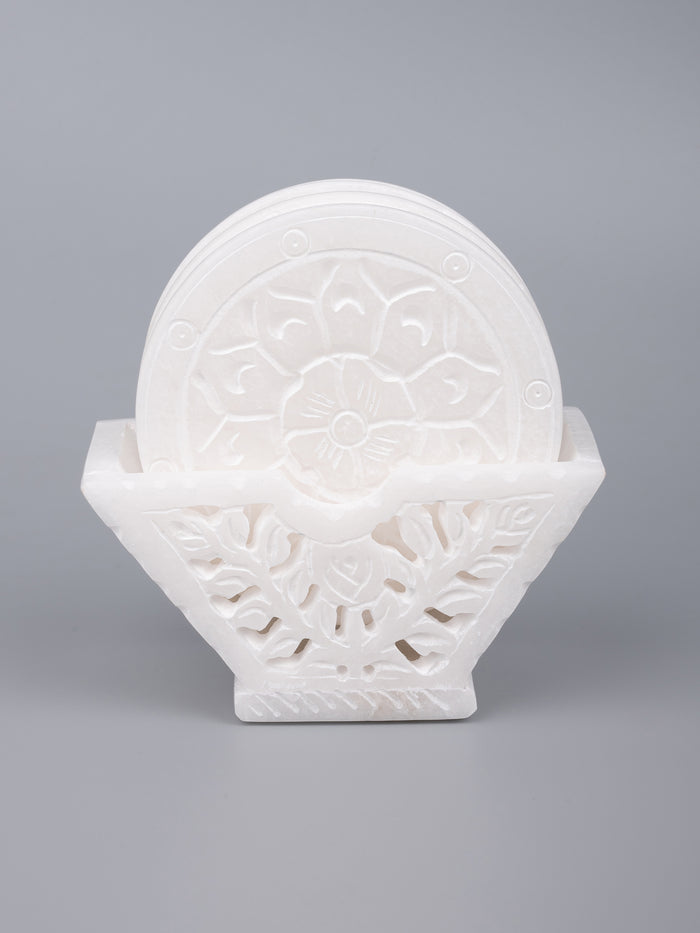 White marble coaster set, hand carved with jali design - The Heritage Artifacts