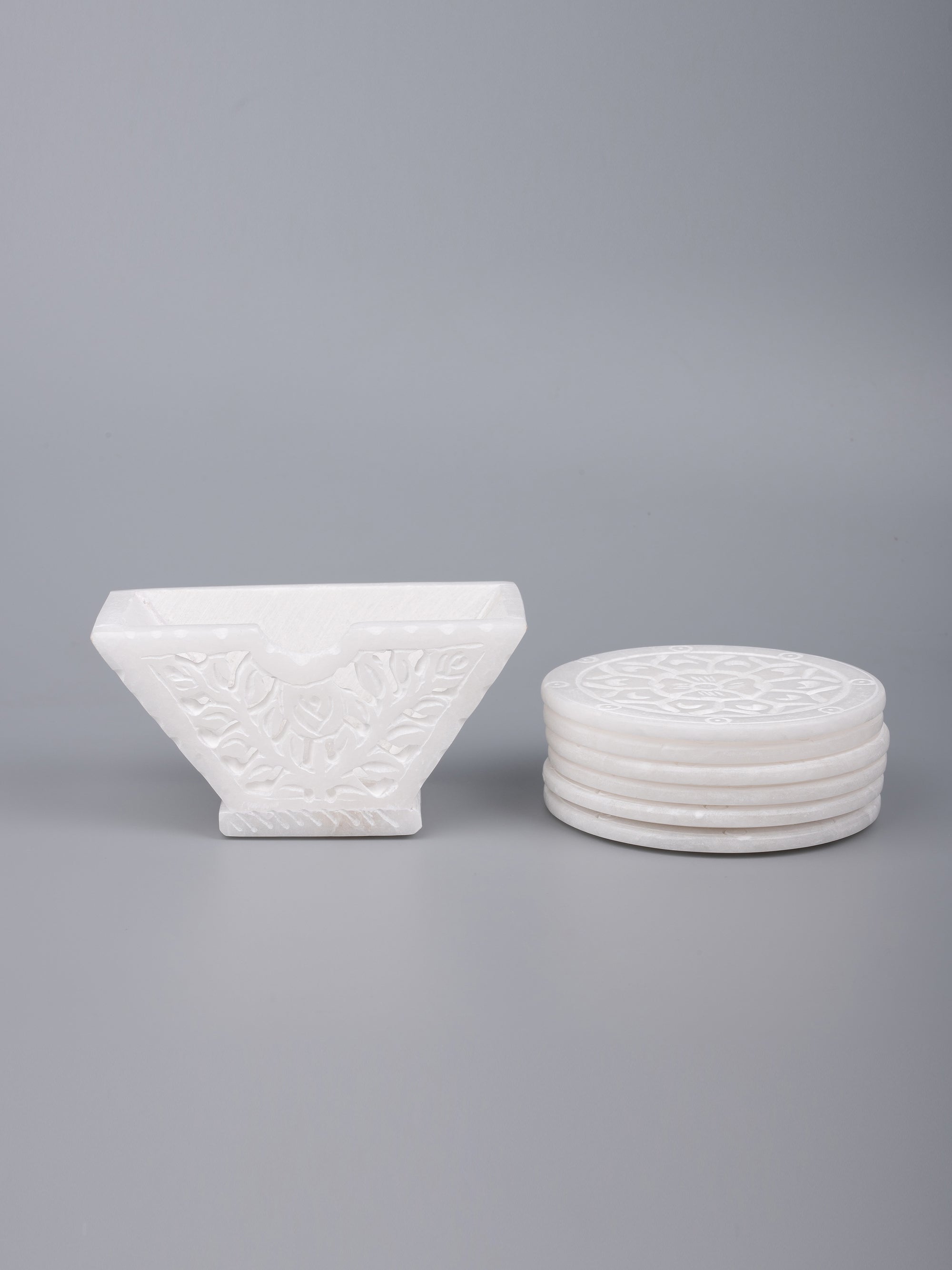 White marble coaster set, hand carved with jali design - The Heritage Artifacts
