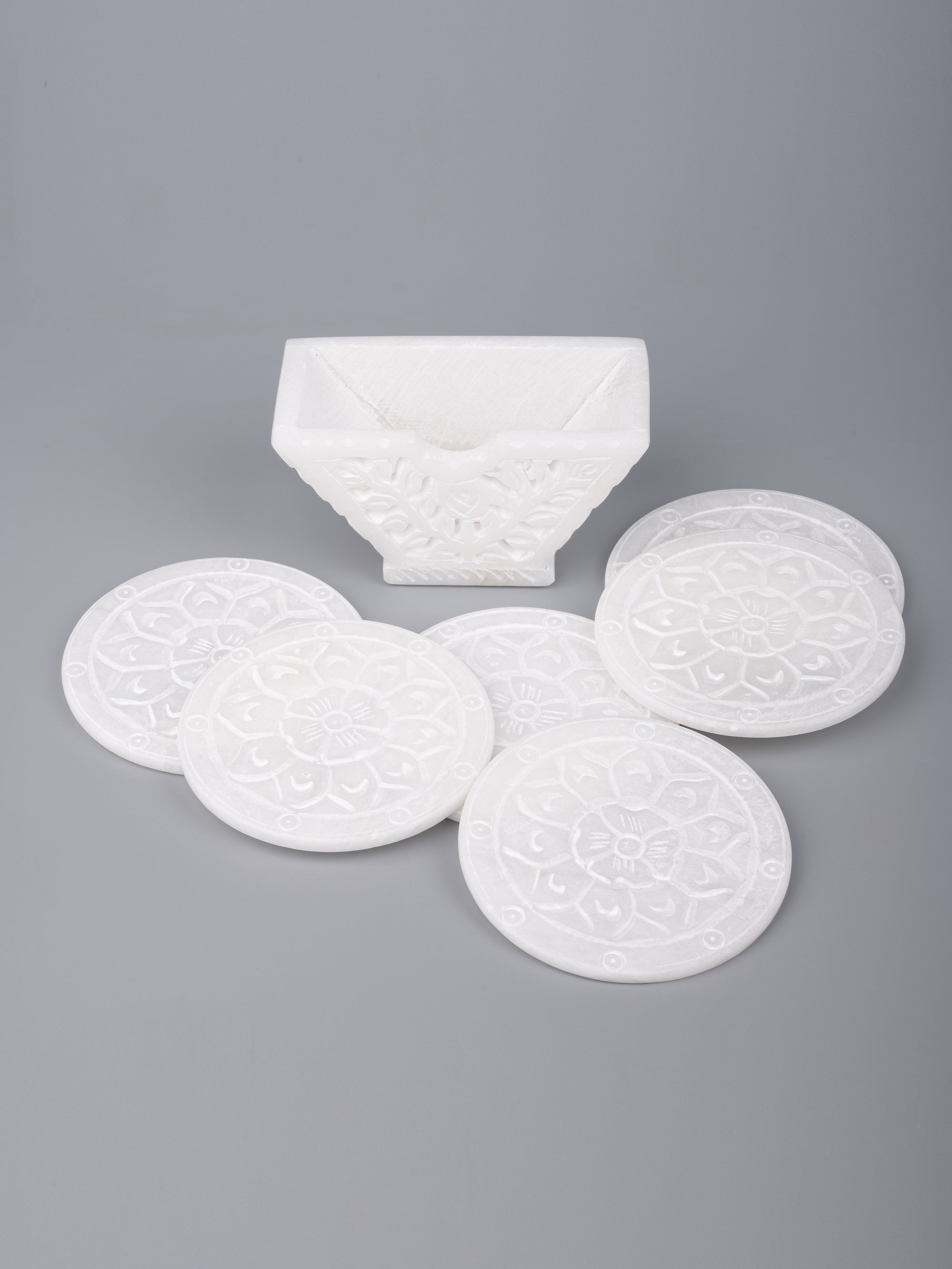 White marble coaster set, hand carved with jali design - The Heritage Artifacts