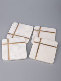 White marble 4 pieces coaster set in square shape with brass inlay work - The Heritage Artifacts