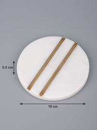 White marble 4 pieces coaster set in round shape with brass inlay work - The Heritage Artifacts