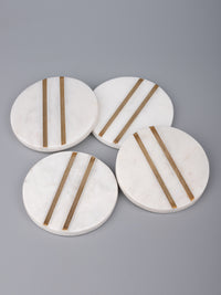 White marble 4 pieces coaster set in round shape with brass inlay work - The Heritage Artifacts