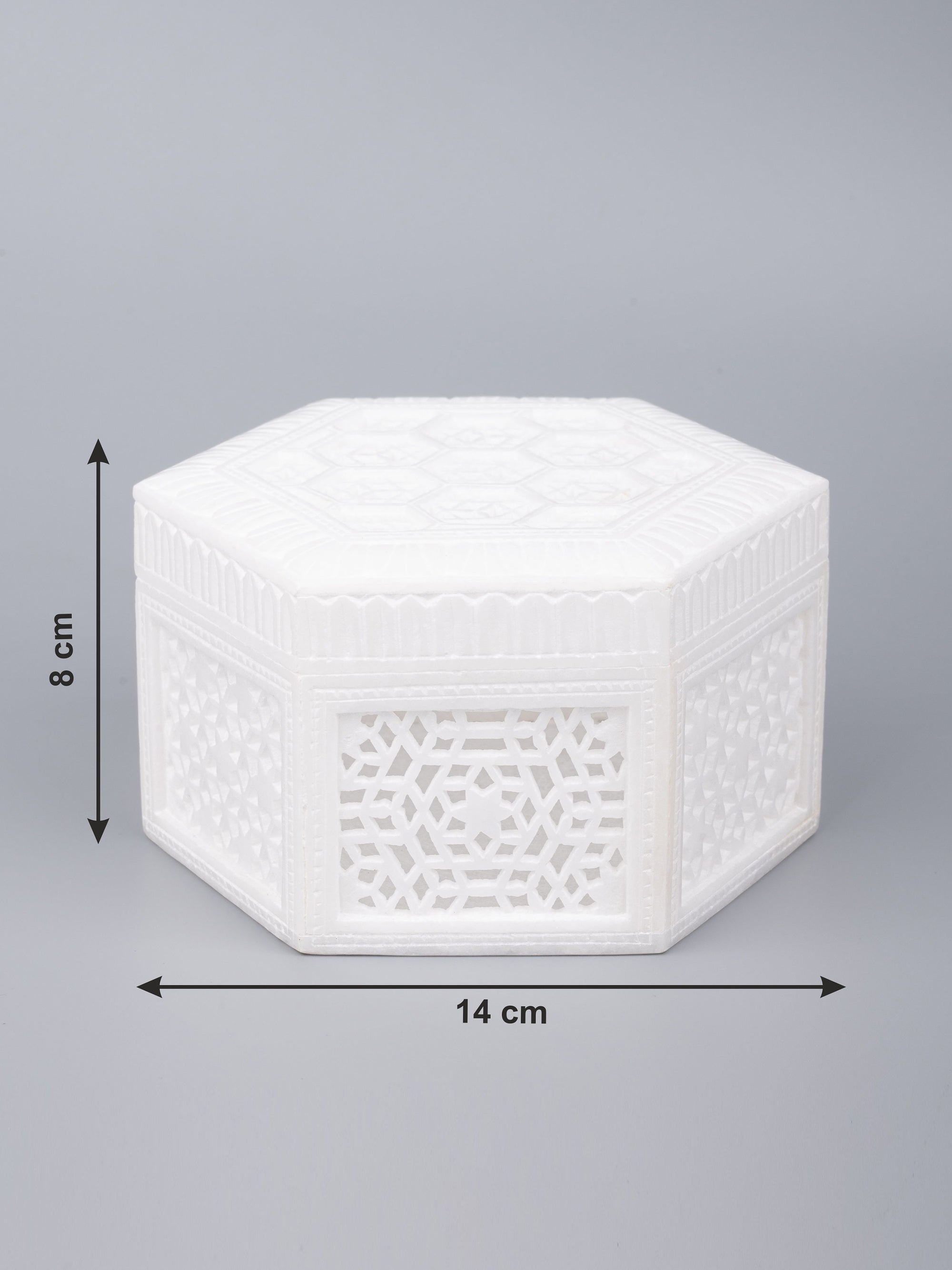 White marble crafted jewelry box in hexagonal shape - The Heritage Artifacts