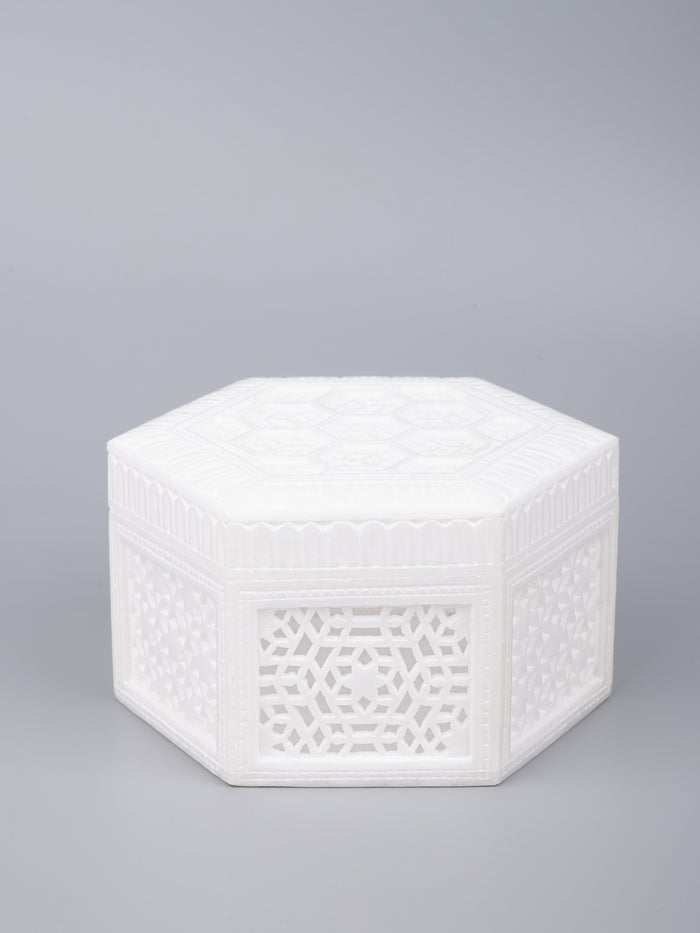 White marble crafted jewelry box in hexagonal shape - The Heritage Artifacts