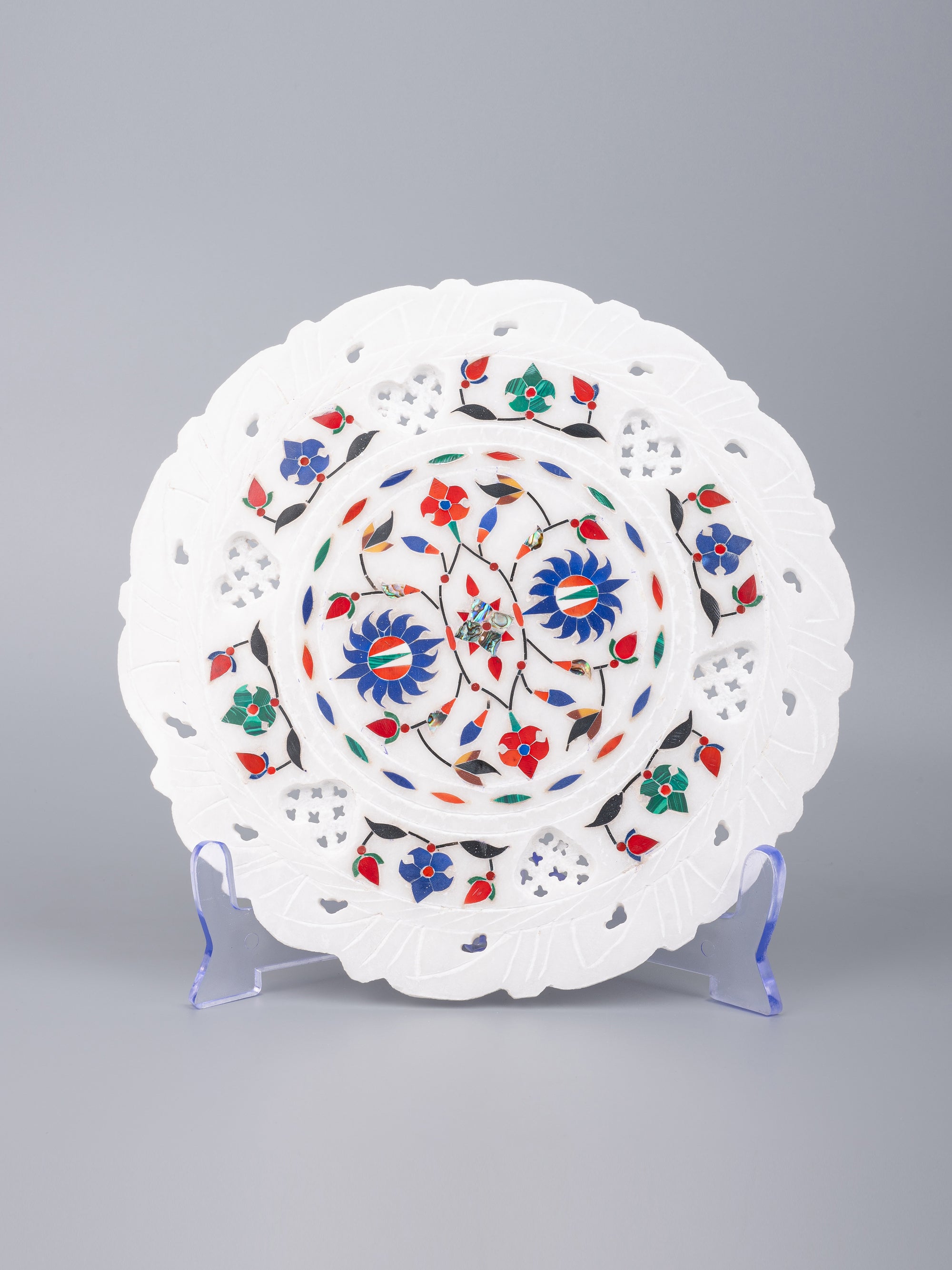Marble decor plate with red and blue floral inlay work - 9 inches - The Heritage Artifacts