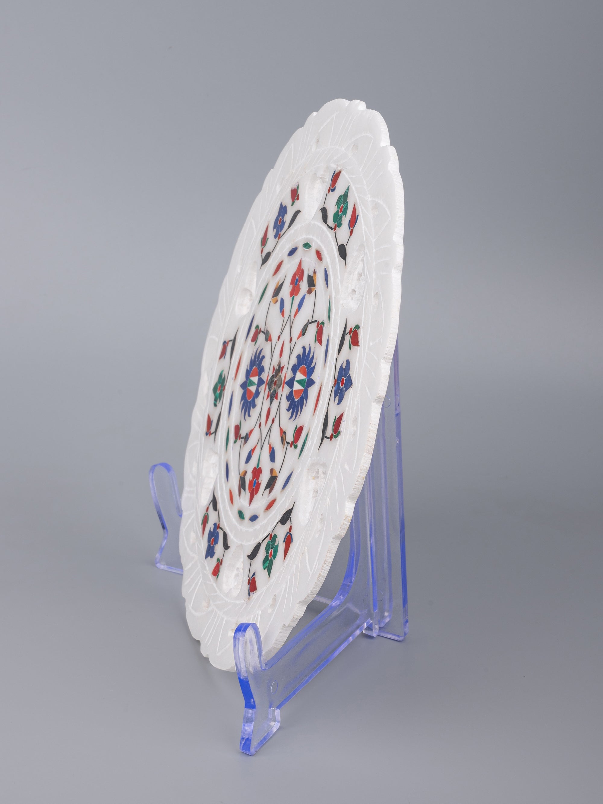 Marble decor plate with red and blue floral inlay work - 9 inches - The Heritage Artifacts