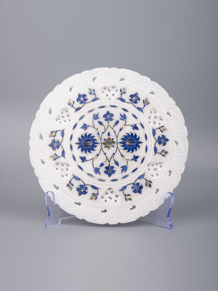 Marble décor plate with intricate blue floral inlay work - 9 inches - The Heritage Artifacts