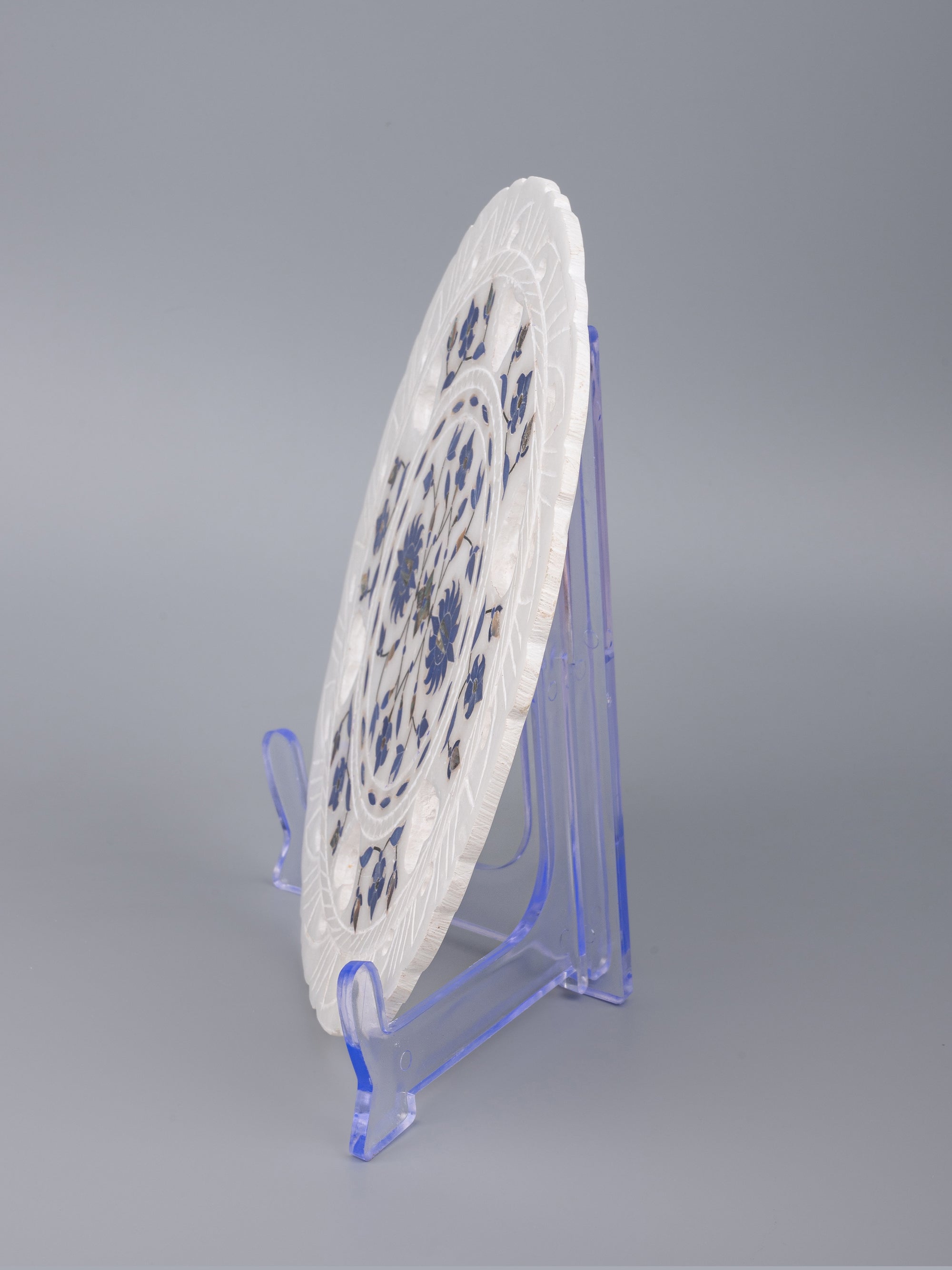 Marble décor plate with intricate blue floral inlay work - 9 inches - The Heritage Artifacts