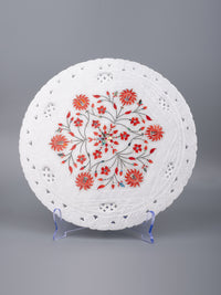 Marble décor plate with jali work and red floral inlay work - 12 inches - The Heritage Artifacts
