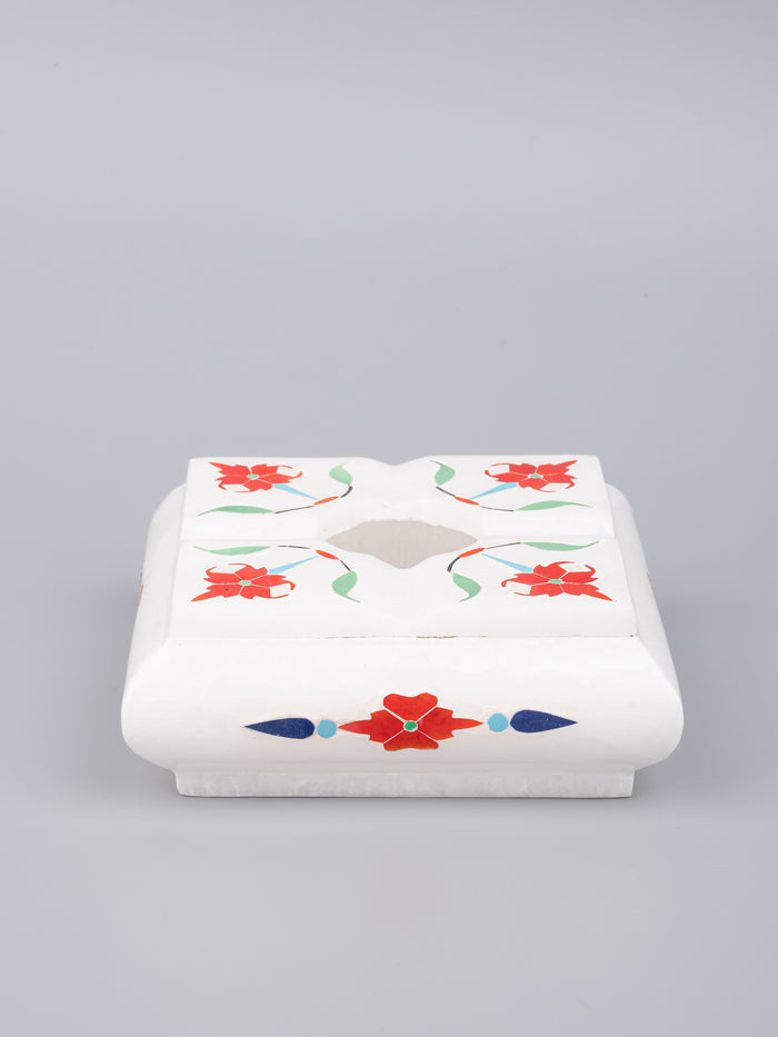 White marble Ashtray with red flower inlay work - The Heritage Artifacts