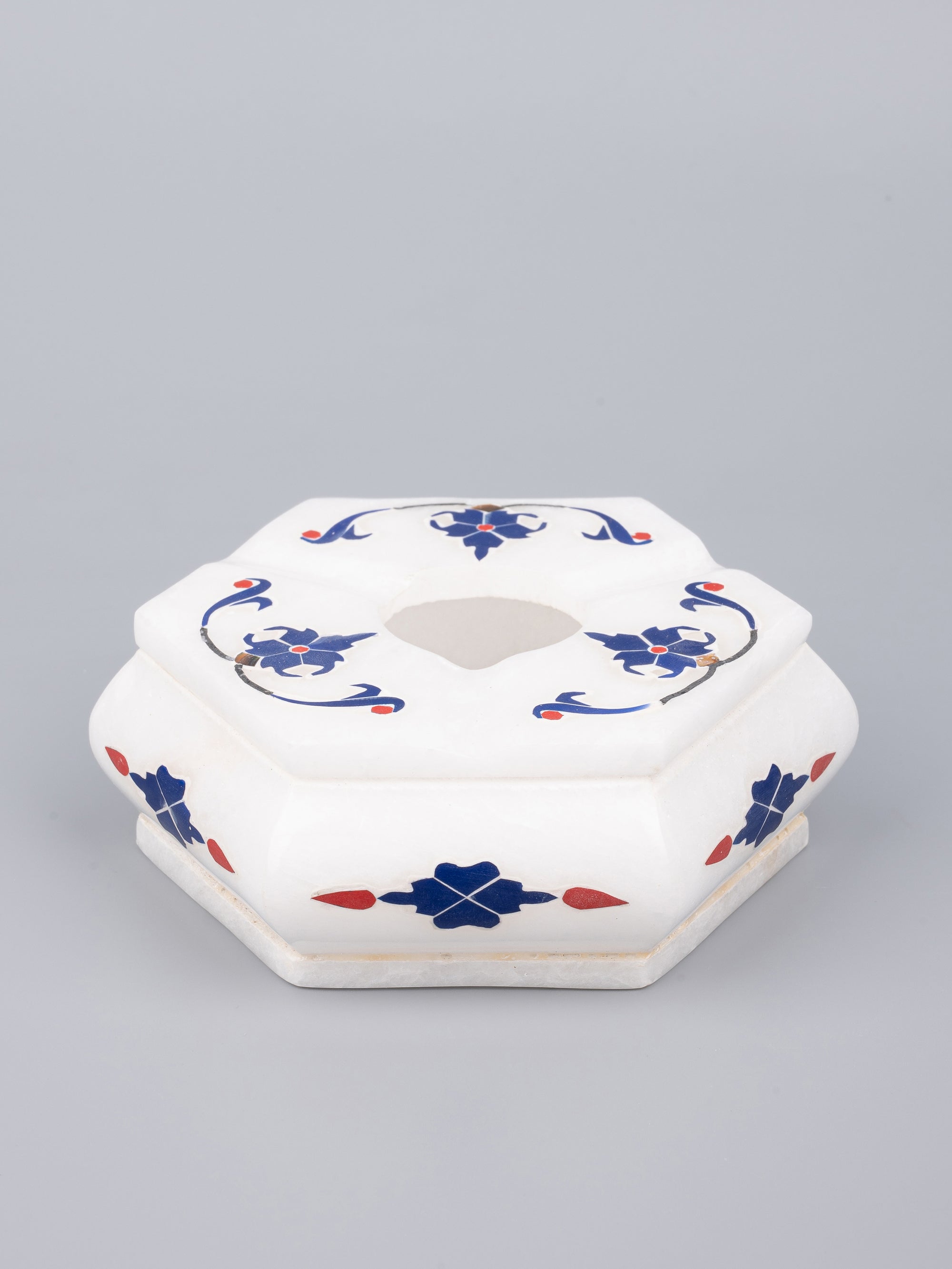 Hexagonal marble Ashtray with blue flower inlay work - The Heritage Artifacts