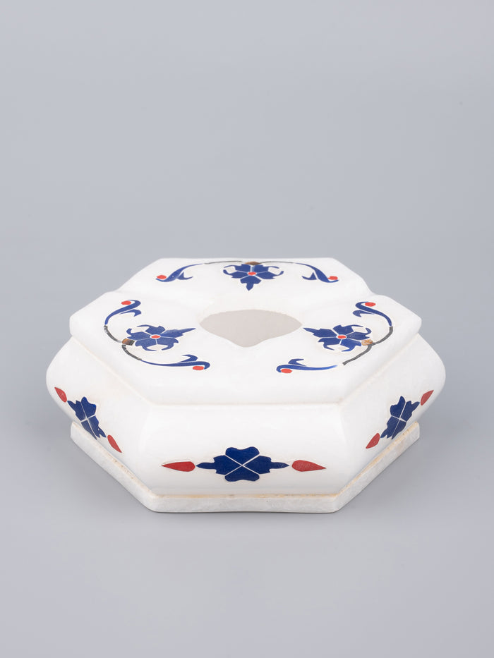 Hexagonal marble Ashtray with blue flower inlay work - The Heritage Artifacts