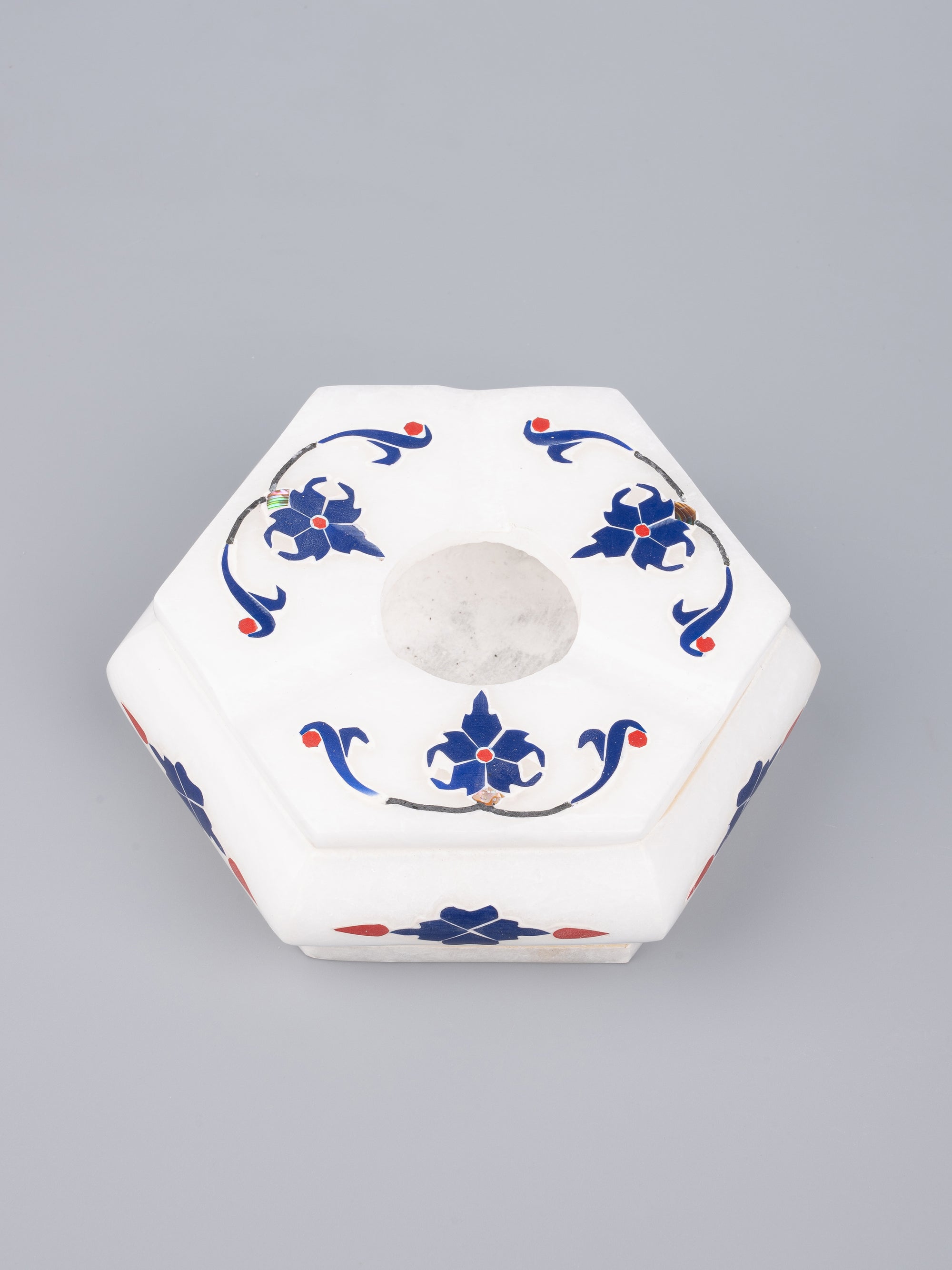 Hexagonal marble Ashtray with blue flower inlay work - The Heritage Artifacts