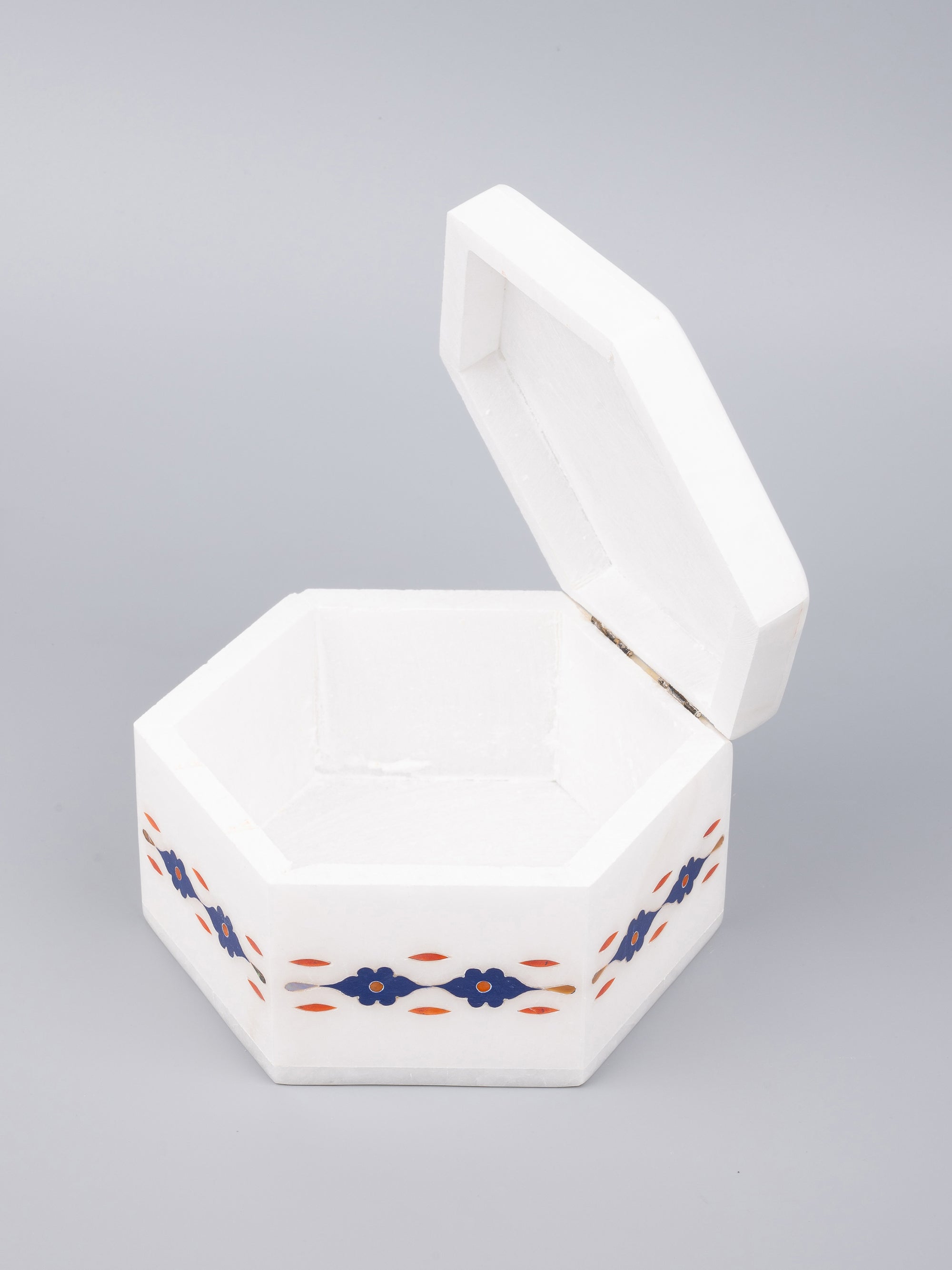 Colorful hexagonal marble jewellery box with heavy inlay work - The Heritage Artifacts