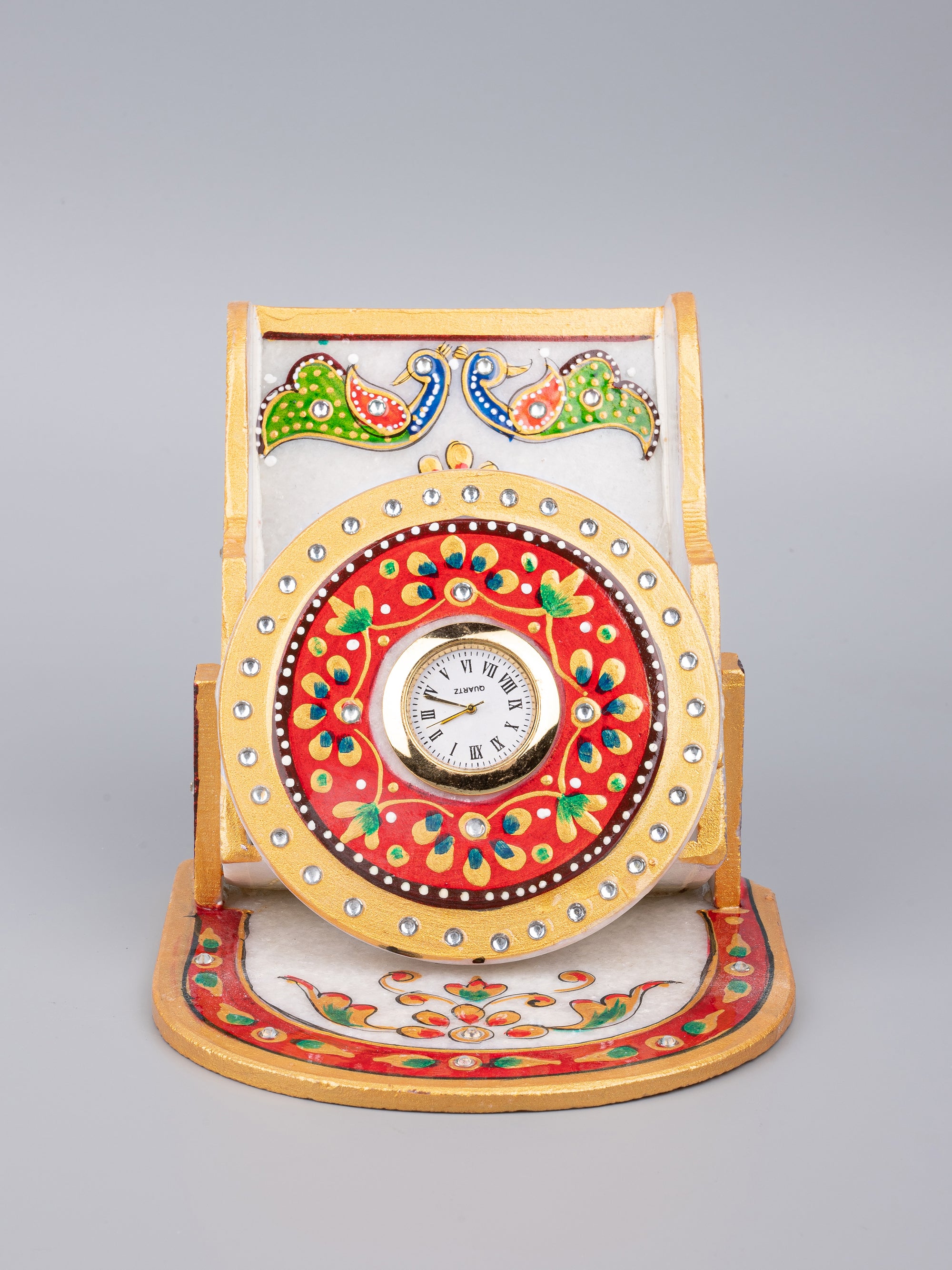 Marble mobile holder with clock - Red and Gold motifs - The Heritage Artifacts