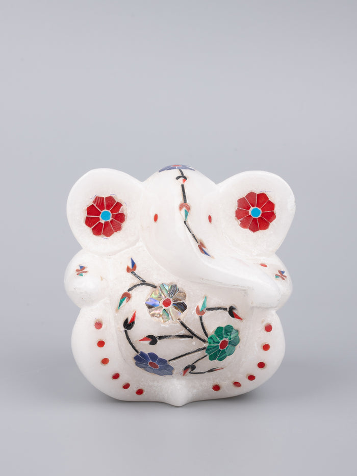Designer statue of Lord Ganesha in white marble with inlay craft - The Heritage Artifacts