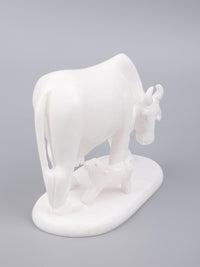 White marble Kamdhenu Cow with calf statue - The Heritage Artifacts
