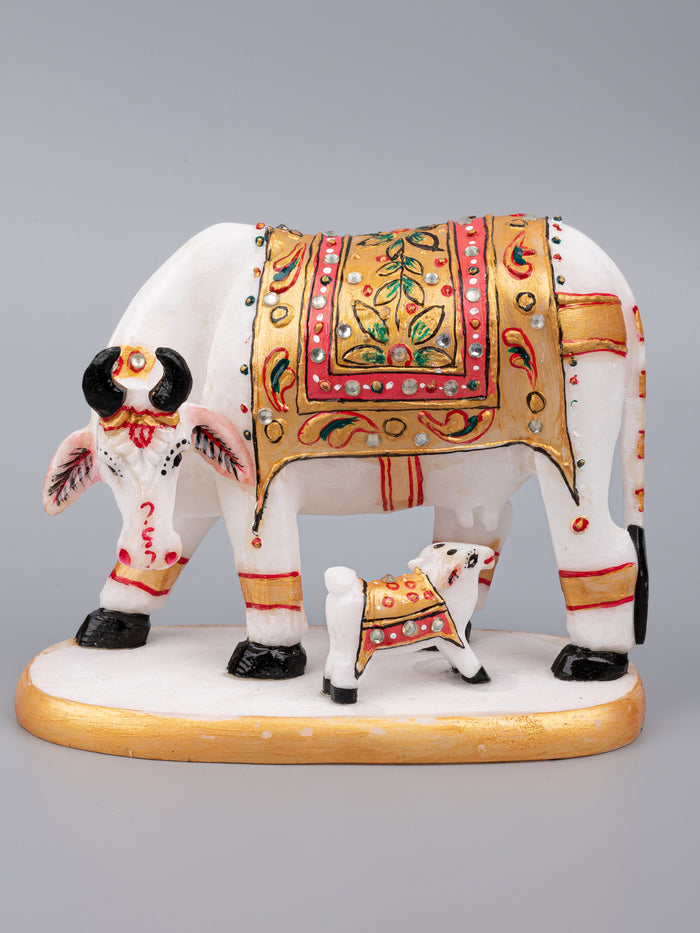 Kamdhenu cow with calf made of high quality marble with meenakari work - The Heritage Artifacts