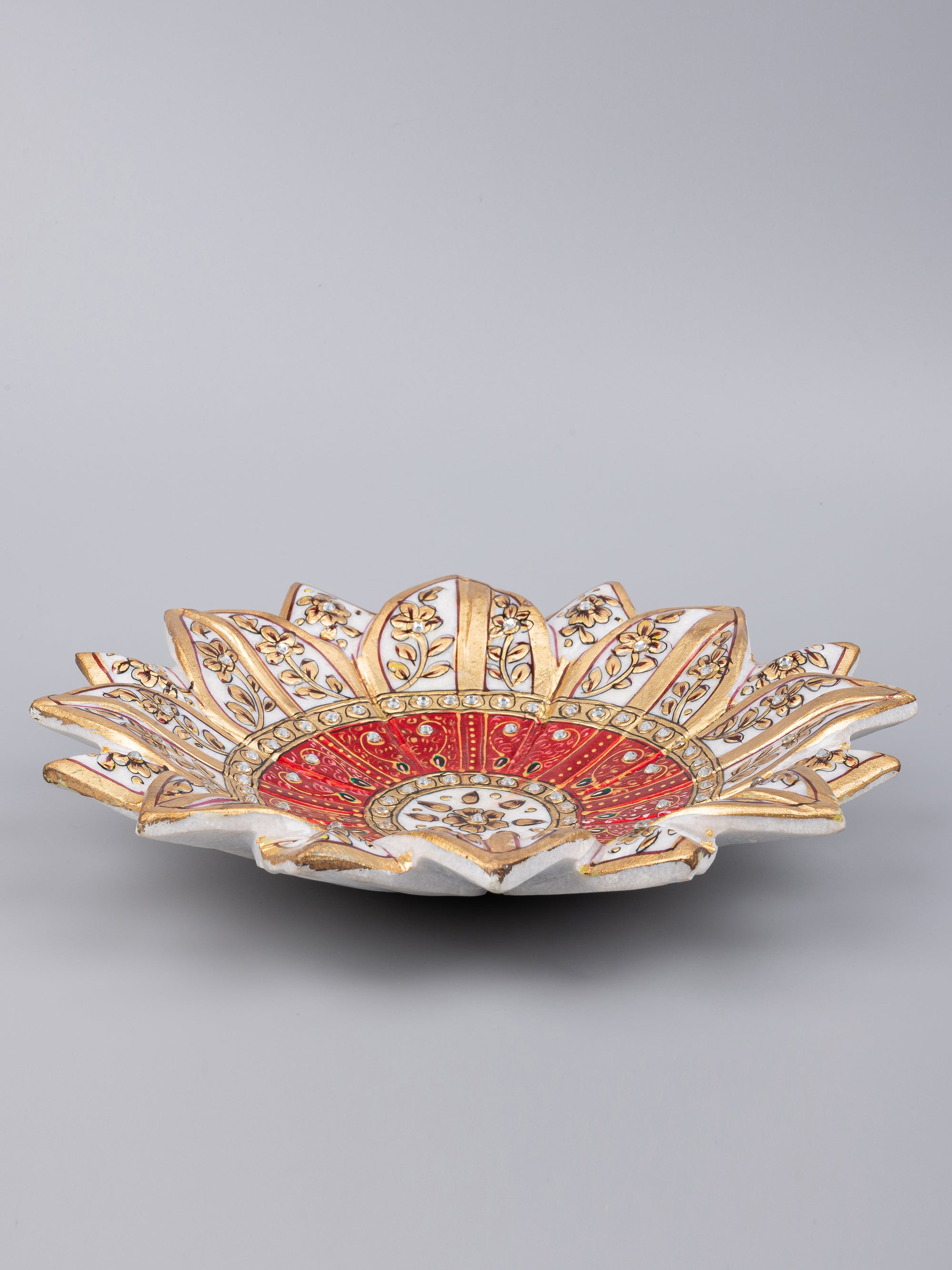 9 inches marble lotus plate painted in red and gold color - The Heritage Artifacts