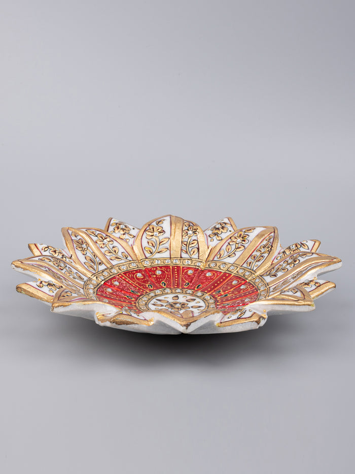 9 inches marble lotus plate painted in red and gold color - The Heritage Artifacts