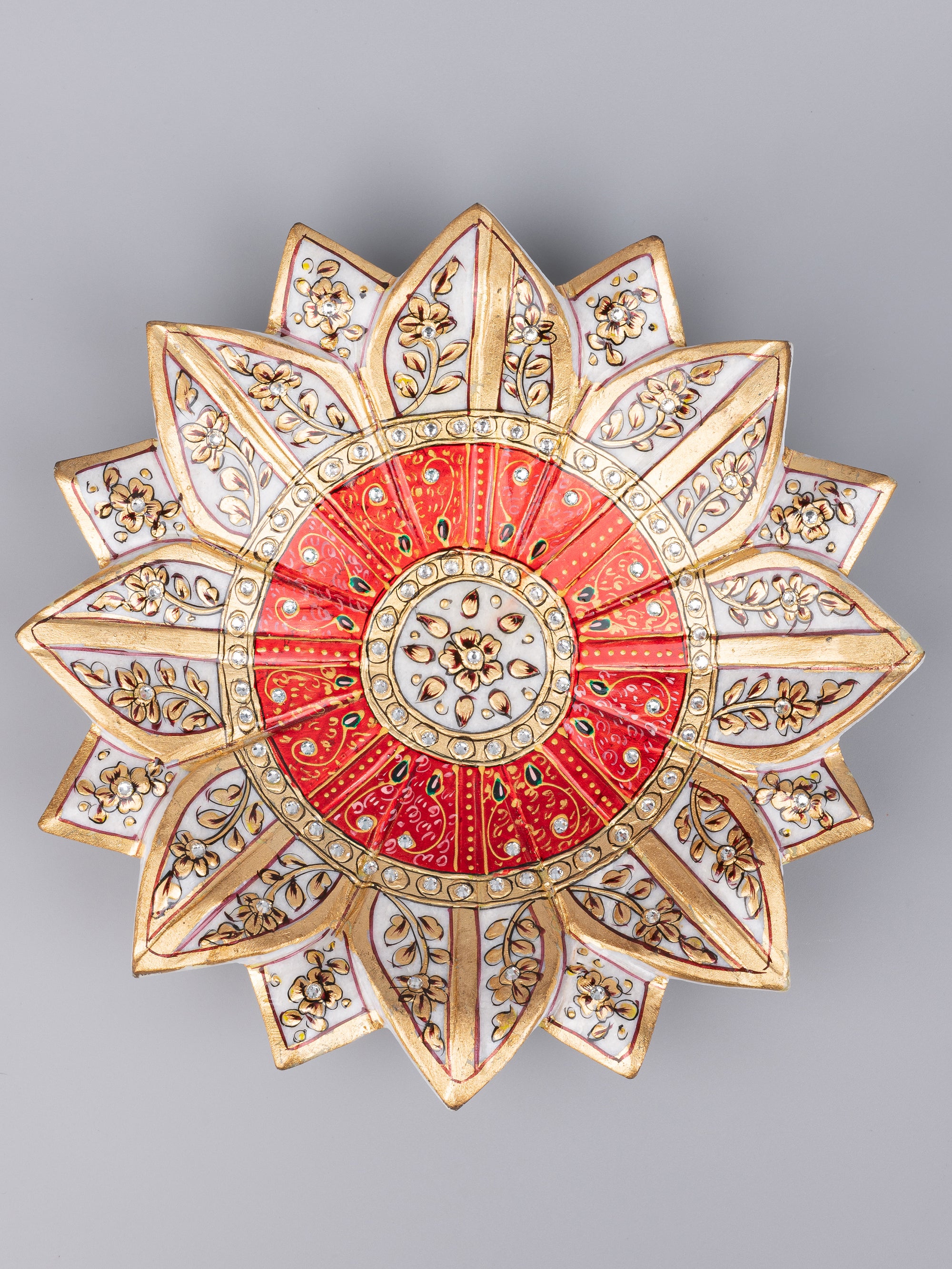 9 inches marble lotus plate painted in red and gold color - The Heritage Artifacts