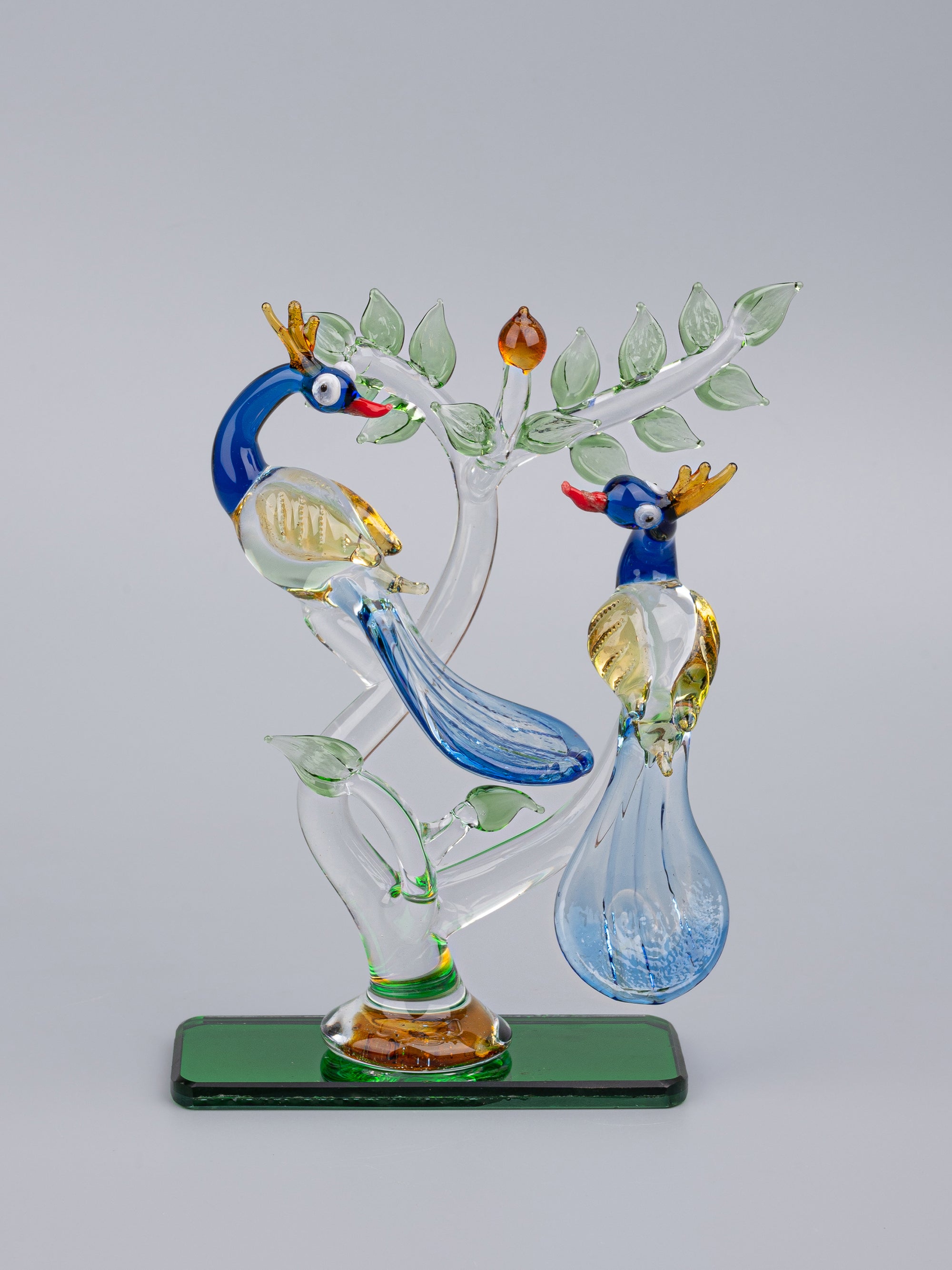 Colorful Glass showpiece, Pair of Blue Peacocks on a Tree - The Heritage Artifacts