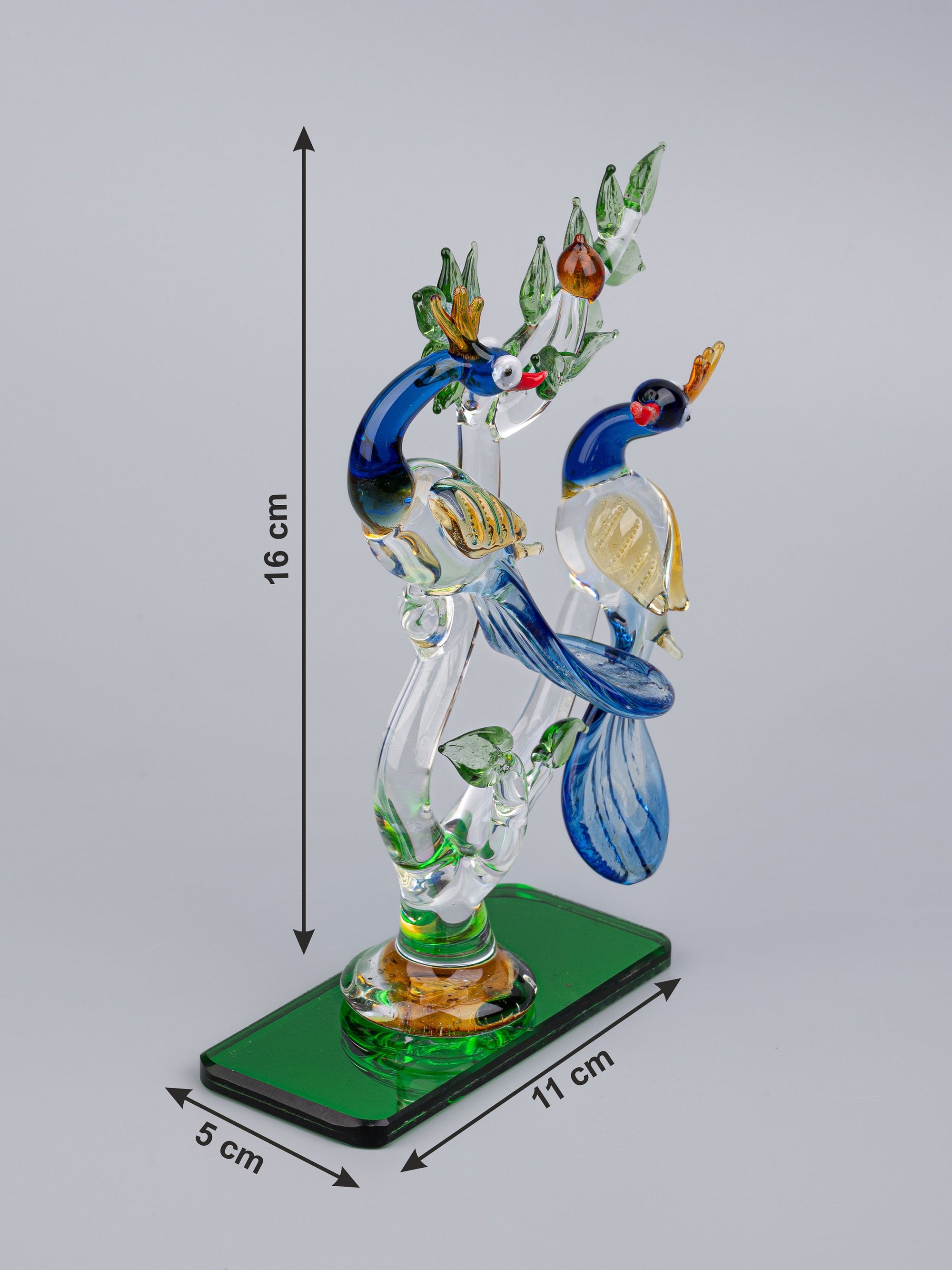 Colorful Glass showpiece, Pair of Blue Peacocks on a Tree - The Heritage Artifacts