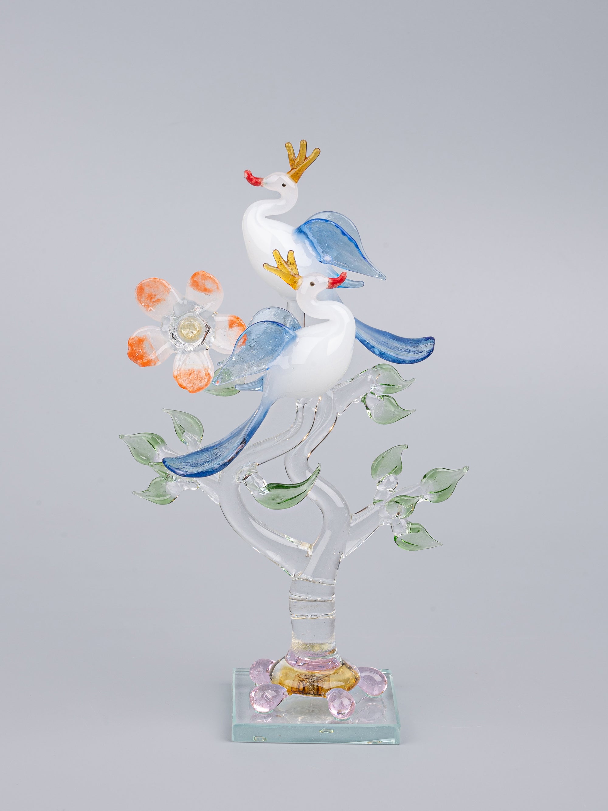 Decorative Glass center piece, Pair of White Peacocks on a Tree - The Heritage Artifacts