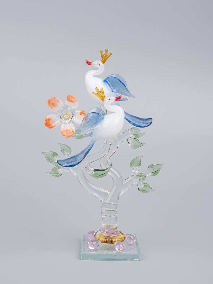 Decorative Glass center piece, Pair of White Peacocks on a Tree - The Heritage Artifacts
