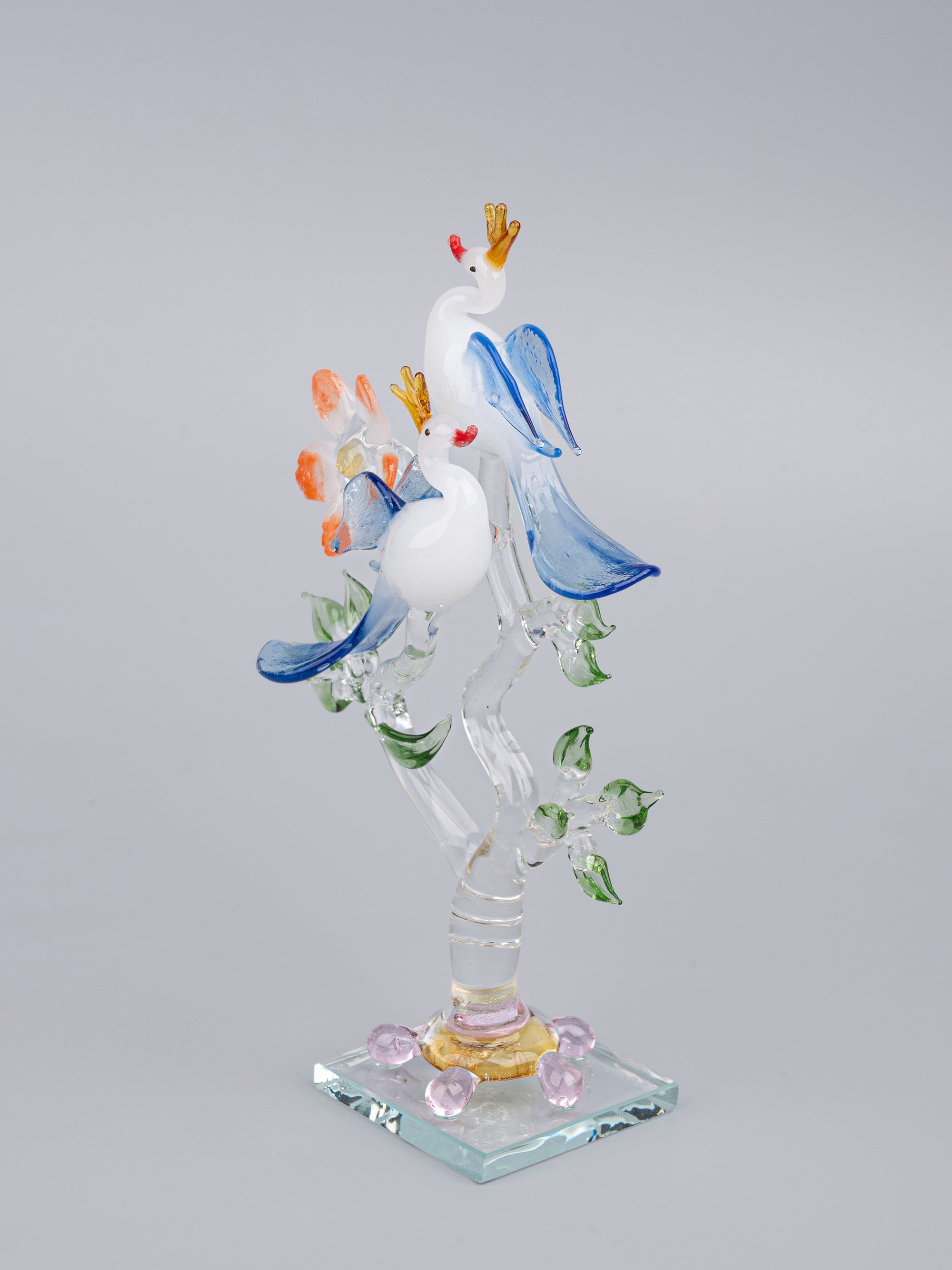 Decorative Glass center piece, Pair of White Peacocks on a Tree - The Heritage Artifacts