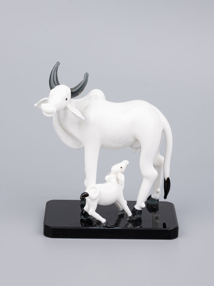 Glass centerpiece, Kamdhenu cow with calf in white color - The Heritage Artifacts