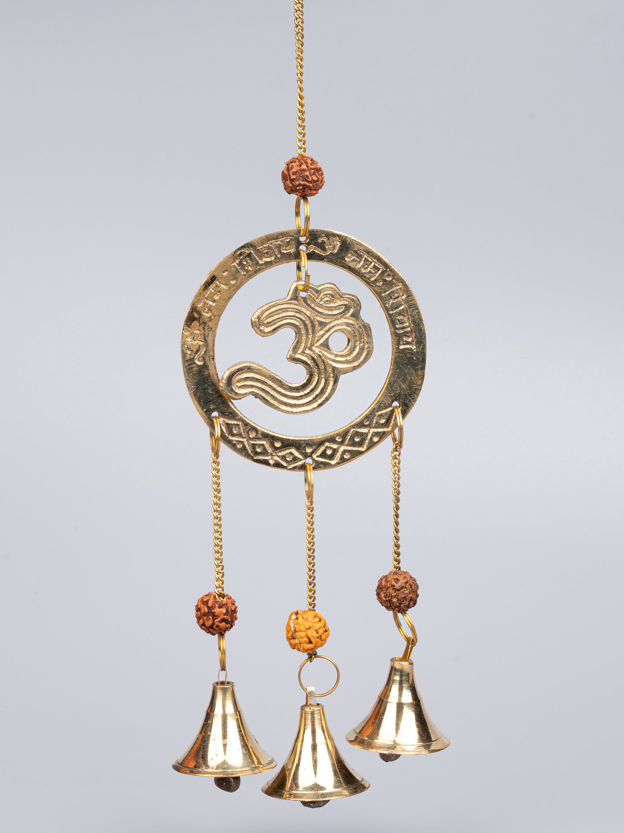 Brass Om design Wind Chime with 3 Bells and Rudraksha beads - 28 cm long with chain - The Heritage Artifacts