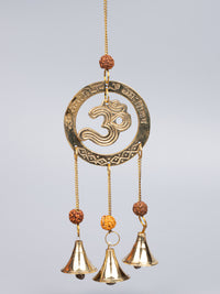Brass Om design Wind Chime with 3 Bells and Rudraksha beads - 28 cm long with chain - The Heritage Artifacts