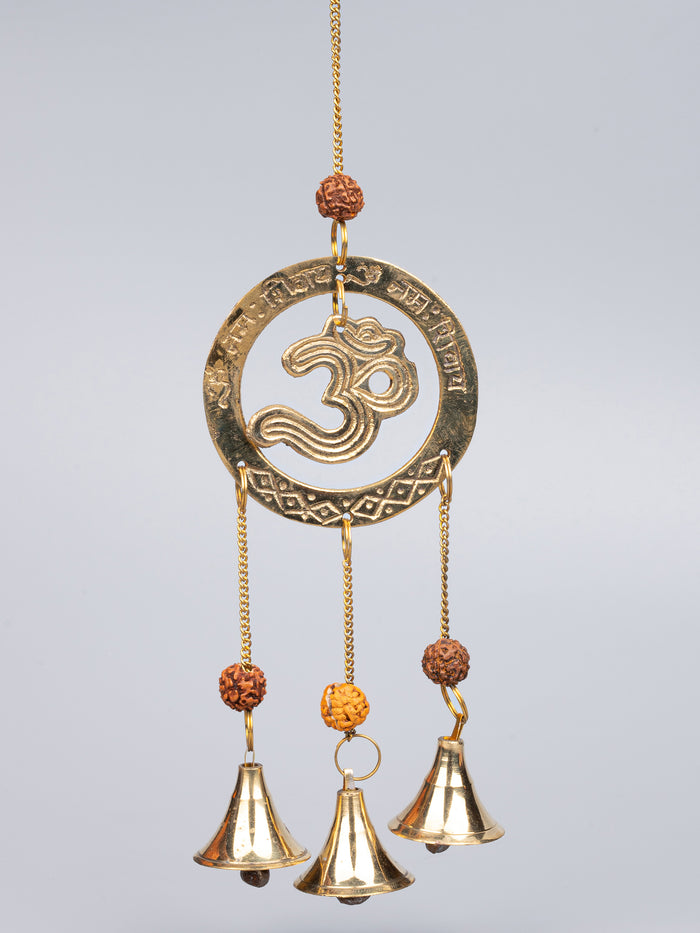 Brass Om design Wind Chime with 3 Bells and Rudraksha beads - 28 cm long with chain - The Heritage Artifacts