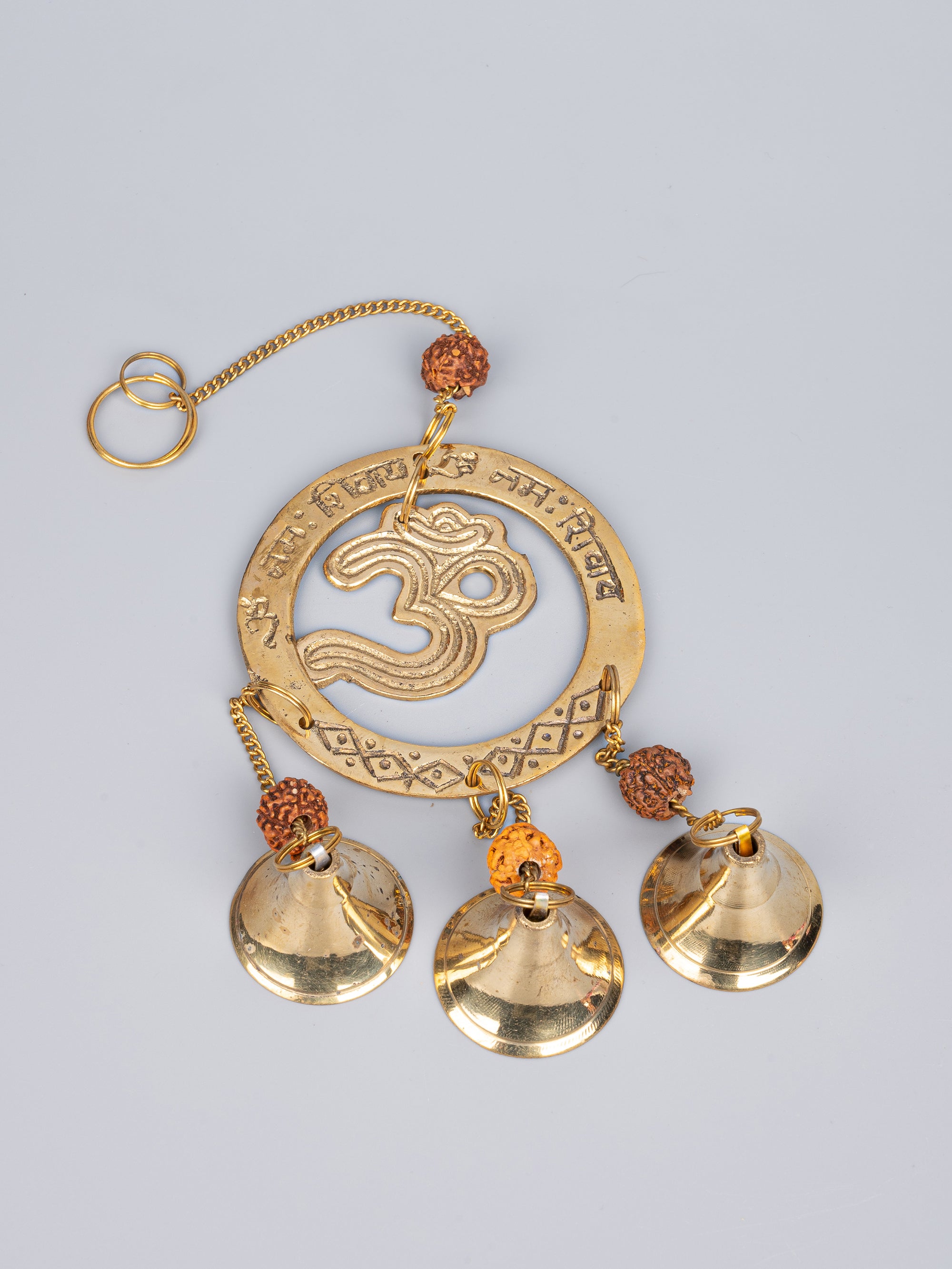 Brass Om design Wind Chime with 3 Bells and Rudraksha beads - 28 cm long with chain - The Heritage Artifacts